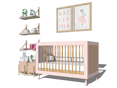 Pink Baby Crib with Shelves Toys Books and Ballerina Wall Art 3d model