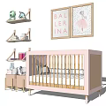Pink Baby Crib with Shelves Toys Books and Ballerina Wall Art