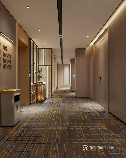 Modern Luxury Hotel Corridor With Warm Ambient Lighting Stylish Patterned Carpet And Exquisite Interior Design 3d model 
