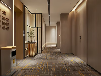 Modern Luxury Hotel Corridor With Warm Ambient Lighting Stylish Patterned Carpet And Exquisite Interior Design 3d model
