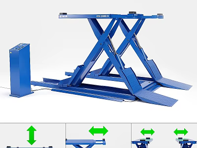 Blue Scissor Car Lift With Control Unit And Lifting Moving Functions For Garage Repair 3d model