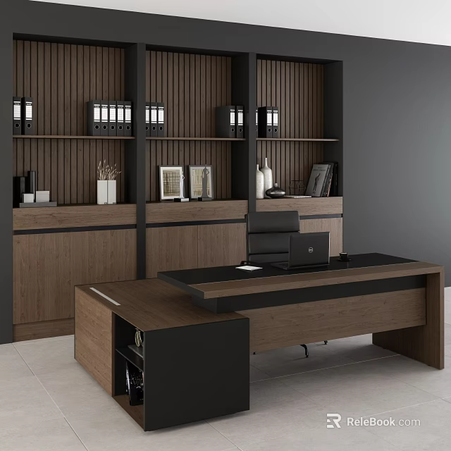 Modern Leisure Chair In Home Office With Wooden Bookshelf And Black Desk 3d model 
