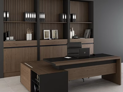 Modern Leisure Chair In Home Office With Wooden Bookshelf And Black Desk 3d model