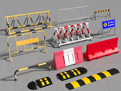 Various Traffic Barriers Including Yellow Metal Fences Red Roadblocks and Blue Signs 3d model