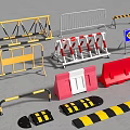 Various Traffic Barriers Including Yellow Metal Fences Red Roadblocks and Blue Signs