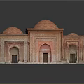 Cartoon Style Miniature Building With Red Domes Arched Doors And Brick Walls