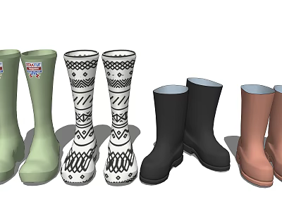 Tall Rain Boots In Various Colors Featuring Different Patterns And Style Designs 3d model