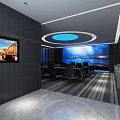 Modern Monitoring Room With Large Screens Displaying Cityscape And Conference Setup
