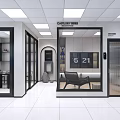Modern Commercial Interior Space With Glass Partitions White Flooring And Display Shelves