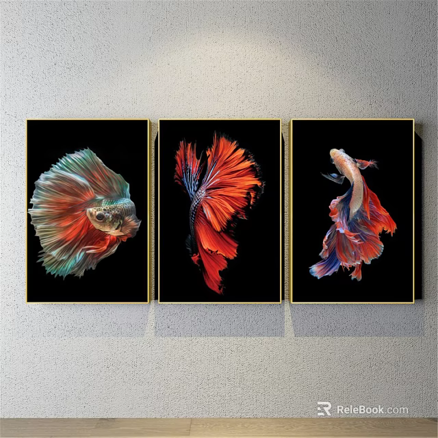 Three Betta Fish Animal Paintings With Black Background And Gold Frames 3d model 