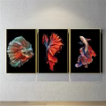 Three Betta Fish Animal Paintings With Black Background And Gold Frames