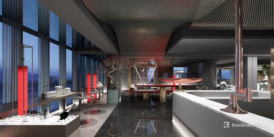 Modern Elegant Restaurant Interior with Large Windows Red Decorations Bar Greenery and Black Marble Floors 3d model 