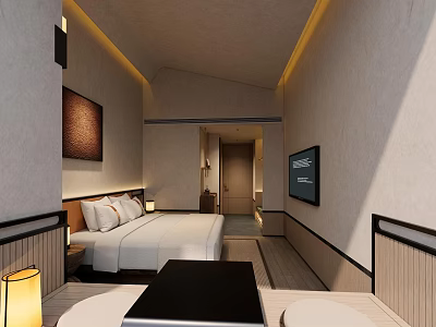 Modern Hotel Guest Room Interior With Comfortable Bed And Flat Screen TV 3d model