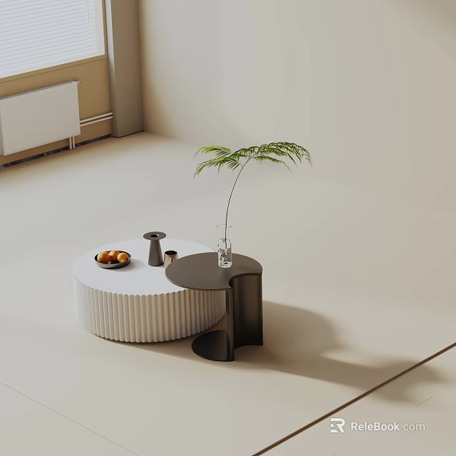 Minimalist Sofa And Coffee Table Set With White Round Black Curved Tables Green Plant 3d model 