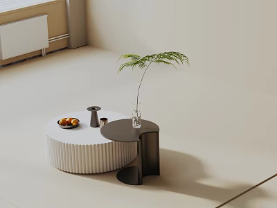 Minimalist Sofa And Coffee Table Set With White Round Black Curved Tables Green Plant 3d model