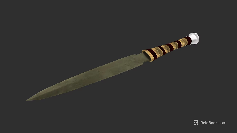 Steel Blade Weapon Knife With Brown Gold Striped Handle And White Tip 3d model 