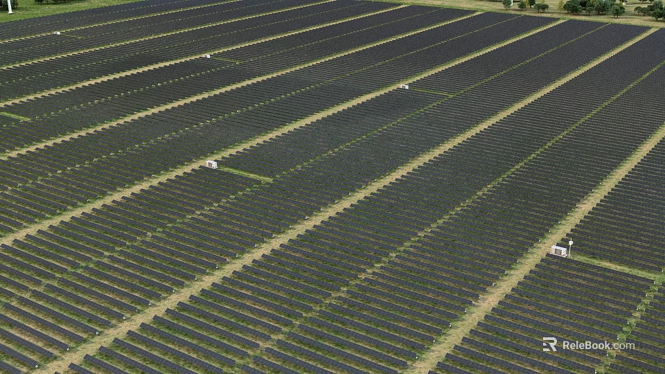 Aerial View Of Vast Ground Solar Panel Farm For Clean Sustainable Renewable Energy Production 3d model 