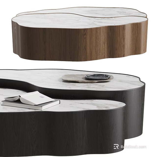 Modern Coffee Table With Marble Surface And Wooden Curved Base Unique Design 3d model