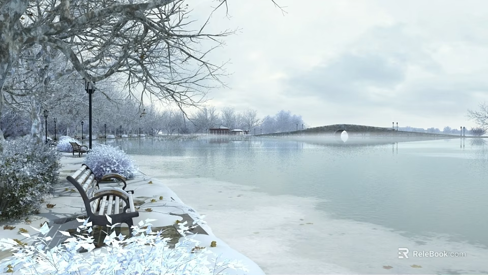 Misty Winter Snowy Lakeside Landscape With Frosted Trees Wooden Benches And Distant Stone Arch Bridge 3d model 