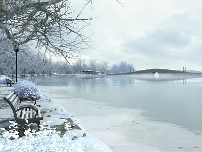 Misty Winter Snowy Lakeside Landscape With Frosted Trees Wooden Benches And Distant Stone Arch Bridge 3d model