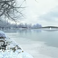 Misty Winter Snowy Lakeside Landscape With Frosted Trees Wooden Benches And Distant Stone Arch Bridge