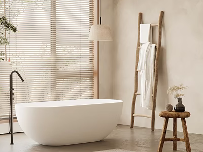 Minimalist Modern Bathroom Interior With White Bathtub Wooden Ladder And Stool 3d model