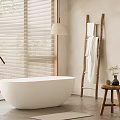 Minimalist Modern Bathroom Interior With White Bathtub Wooden Ladder And Stool