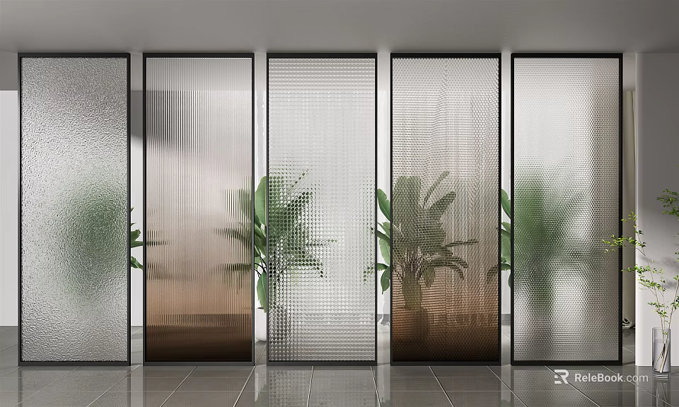 Modern Room Dividers with Various Textured Glass Panels and Green Plants 3d model 