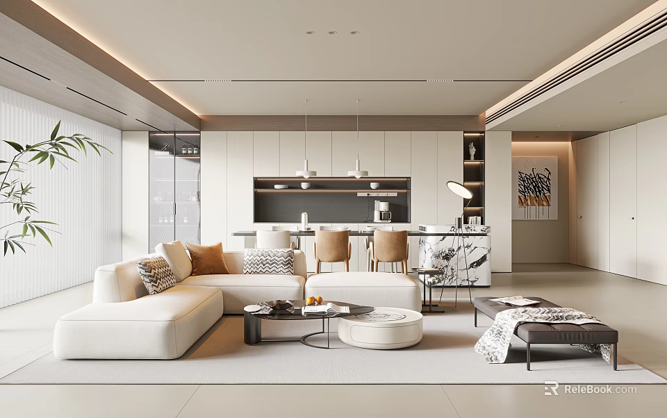 Modern Living Dining Room Interior With Sectional Sofa Dining Table And Decorative Lighting 3d model