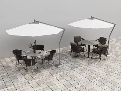 Outdoor Patio Table With Chairs And White Umbrella On Tiled Floor Setting 3d model
