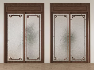 Traditional Style Sliding Doors With Wooden Frames Glass Panels And Chinese Patterns 3d model