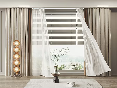 Beige Layered Curtains with Sheer Panels Window Blinds Floor Lamp Vase Flowers Interior Scene 3d model