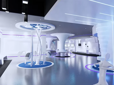 Futuristic Interior Space With White Curved Structures And Blue Lighting Accents 3d model