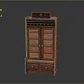 Wooden Storage Cabinet With Decorative Top Double Doors Bottom Drawers And Internal Shelves