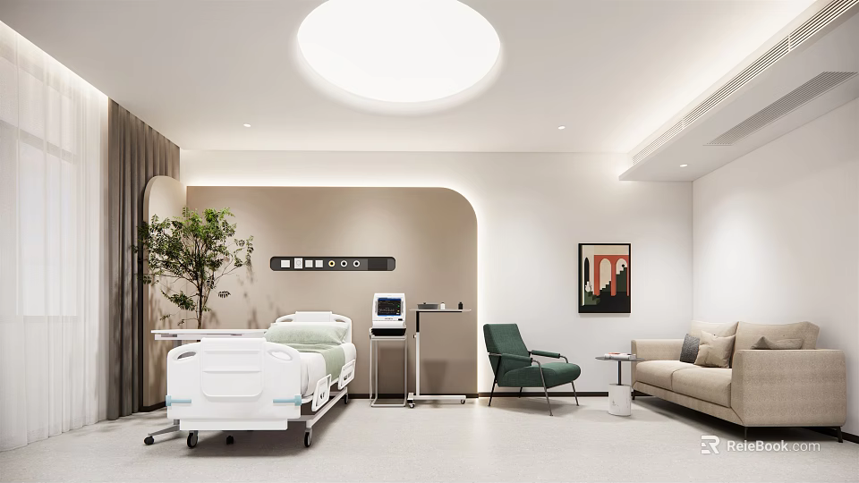 Modern Clean Hospital Outpatient Room With Medical Equipment Sofa Chair Plant Painting Ceiling Light 3d model 