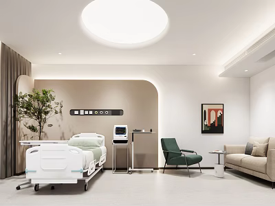 Modern Clean Hospital Outpatient Room With Medical Equipment Sofa Chair Plant Painting Ceiling Light 3d model