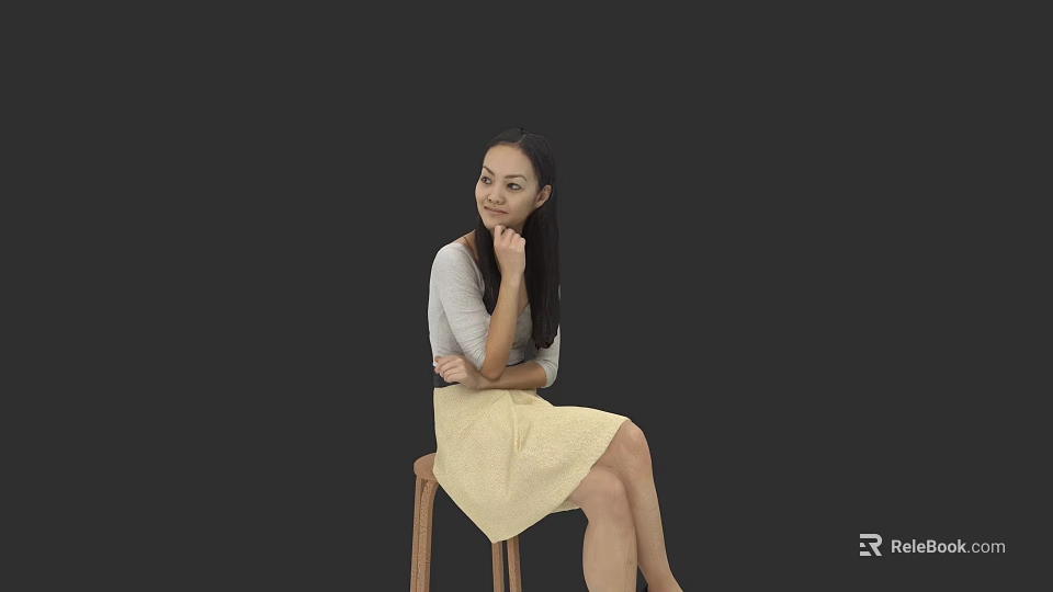 Woman Sitting On Wooden Stool Wearing Gray Top And Beige Skirt In Dark Background 3d model 
