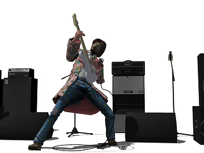 Man Playing Electric Guitar On Stage With Amplifiers And Microphone Stand 3d model