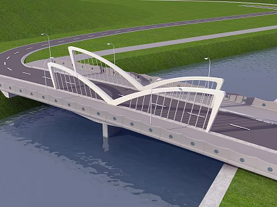 Modern White Arch Bridge Over River With Green Grass And Street Lamps 3d model