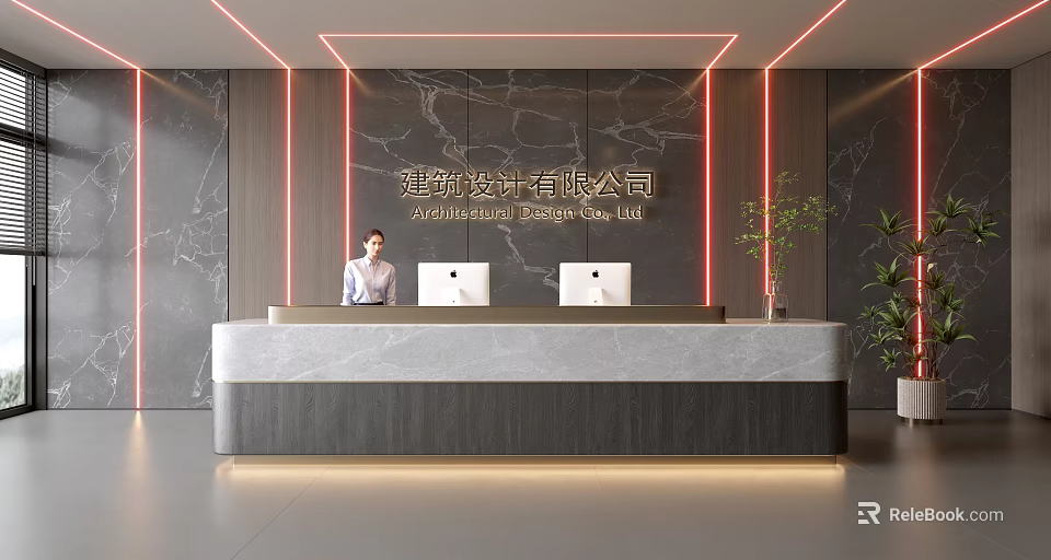 Modern Reception Desk at Architectural Design Company with Marble Wall Receptionist and Green Plant 3d model 