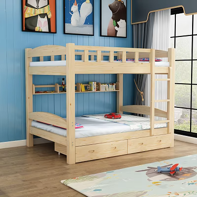 Wooden Bunk Bed with Storage Drawers Guardrails and Ladder in Kids Room 3d model