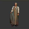 Woman In Traditional Long Dress With Headscarf Colorful Embroidery And Ornate Trim Standing