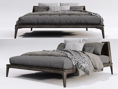 Modern Double Bed With Wooden Frame Gray Sheets And Plaid Blanket 3d model