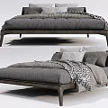 Modern Double Bed With Wooden Frame Gray Sheets And Plaid Blanket 3d model