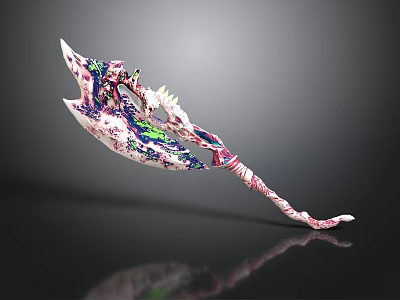 Fantasy Decorative Axe Weapon With Pink White Purple Green Colorful Patterns And Intricate Spiked Designs 3d model