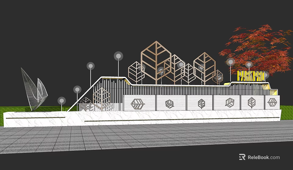 Modern Landscape Feature Wall With Geometric Patterns Lighting And Red Leaf Trees 3d model