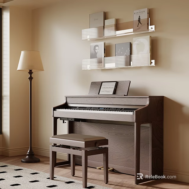 Piano And Art Supplies In Cozy Interior With Shelves And Floor Lamp Setup 3d model 