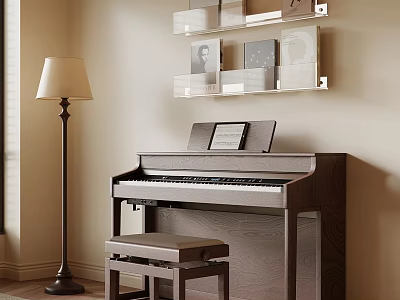 Piano And Art Supplies In Cozy Interior With Shelves And Floor Lamp Setup 3d model