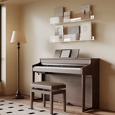 Piano And Art Supplies In Cozy Interior With Shelves And Floor Lamp Setup 3d model