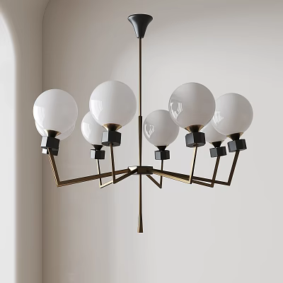 Modern 6 Light Chandelier with White Glass Globes Brass Arms and Black Connectors 3d model
